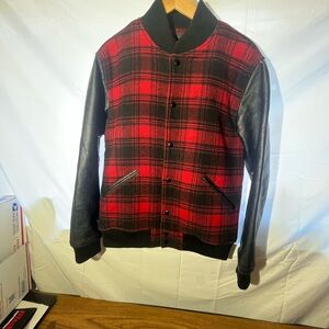 Columbia Letterman Varsity Red & Black Plaid Jacket Leather Sleeves Sz Large